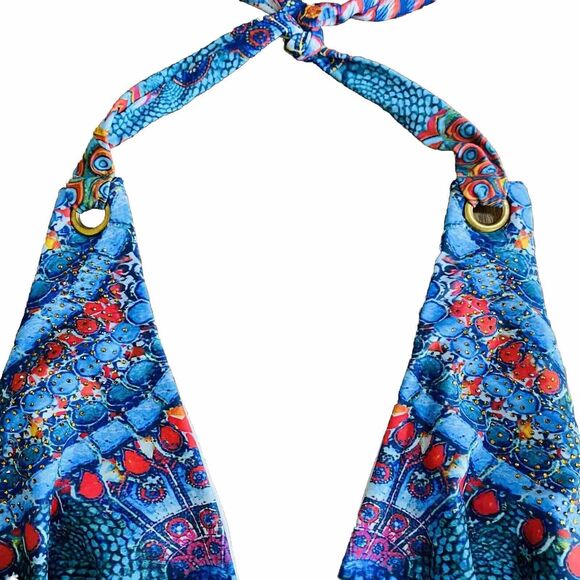True Colours size M One Piece Swim Suit Halter Multicolor Peacock Print Sparkles - Picture 4 of 9